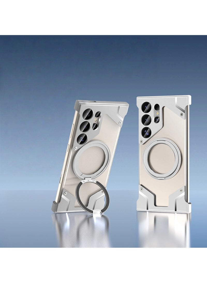 general Frameless case for Samsung Galaxy S25 Ultra with rotatable magnetic stand for MagSafe, minimalist bezel, metal-free aluminium case, frameless transparent rear stand