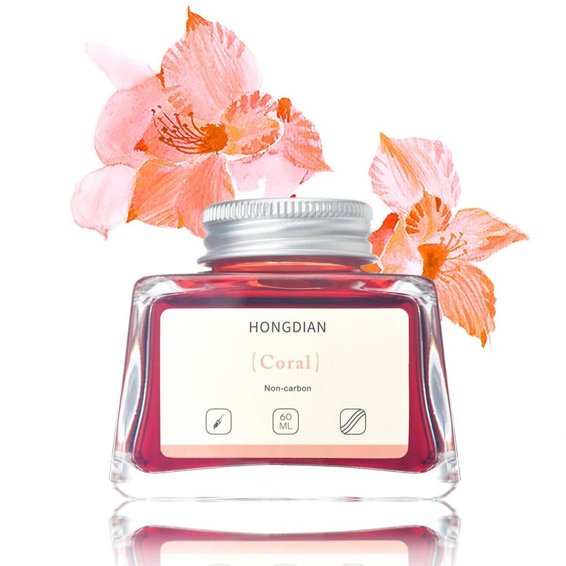 Asvine Hongdian Fountain Pen Bottled Ink Coral Color, 60ml Non Carbon Inkwell Bottle, Artist Calligraphy Ink - Image 1