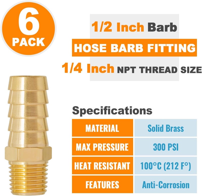 SUNGATOR 6-Pack Hose Barb Fittings 1/2 Inch Barb × 1/4 Inch NPT, Brass Air Hose Fittings, 1/2" to 1/4" NPT Male Pipe Air Line Repair Adapter - Image 4