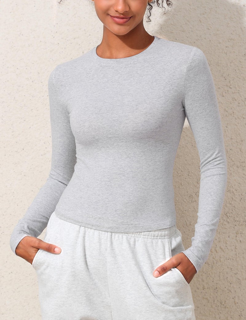 PrettyGuide Women Trendy Fall Tops Fitted Long Sleeve Shirts Casual Basic Underscrub Cotton Tee Light Heather Grey S - Image 5