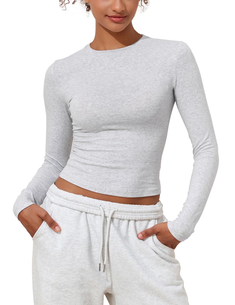 PrettyGuide Women Trendy Fall Tops Fitted Long Sleeve Shirts Casual Basic Underscrub Cotton Tee Light Heather Grey S - Image 2