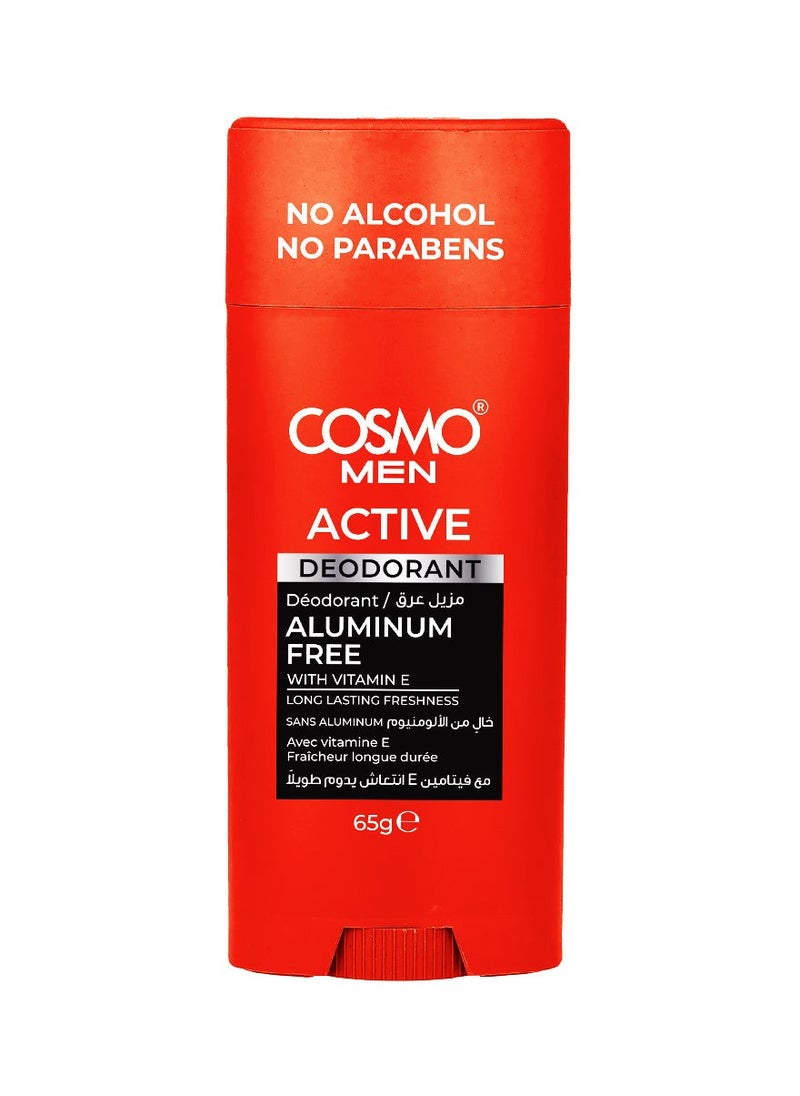 COSMO Cosmo Men Skin Care Active Deodorant 65g, With Vitamin E, Aluminum Free, Long Lasting Freshness, Alcohol Free, Parabens Free 