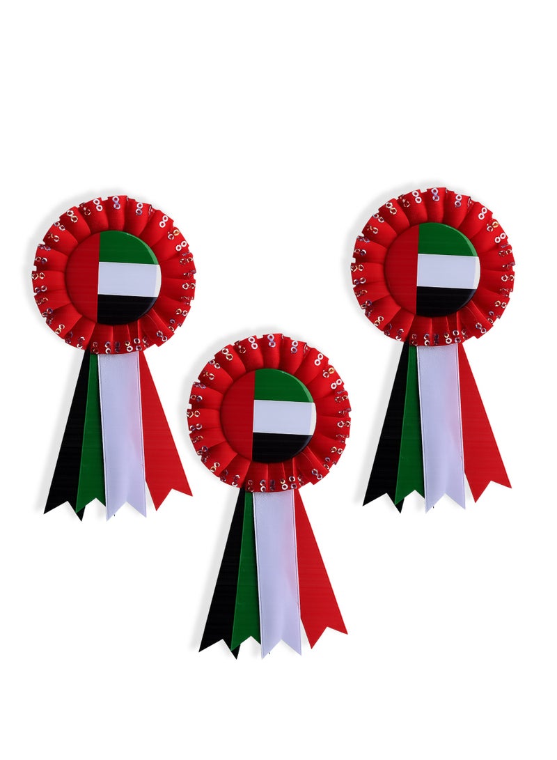 Souvenir Souq Set of 3 UAE flag satin ribbon badges with elegant sequin work and UAE flag emblem. Designed in vibrant national colors with a shiny finish—lightweight, stylish, and perfect for National Day, school events, and patriotic celebrations for all ages. - Image 1