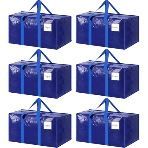 FYGRIP 6 Pack Extra Heavy Duty Large Moving Bags with Strong Zipper & Comfortable Handles, Sturdy & Durable Clothes Storage Bags Totes Bins, Packing Moving Boxes for College Supplies, Blue - Image 1