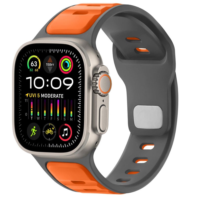 KASTWAVE Adjustable Sport Band Compatible with Apple Watch Series 7/SE/8/9/10 & Ultra, 42–49mm Silicone Loop Strap for Men & Women (Grey Orange) - Image 2