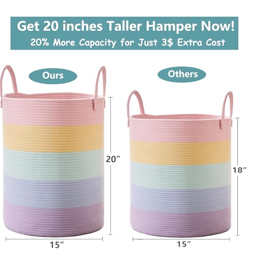 MOJOSCEND 15Dx20H inches Baby Girls Kids Hamper Rainbow Laundry Basket for Nursery Clothes Pastel Unicorn Woven Hamper in Playroom Bedroom 60L Large Tall Blanket Basket for Toy Storage - Image 3