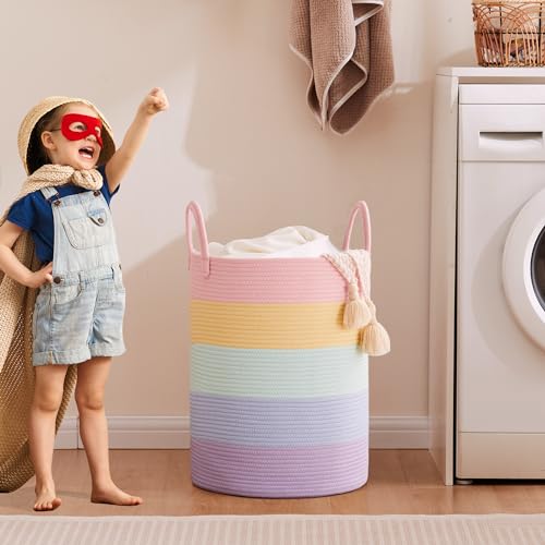 MOJOSCEND 15Dx20H inches Baby Girls Kids Hamper Rainbow Laundry Basket for Nursery Clothes Pastel Unicorn Woven Hamper in Playroom Bedroom 60L Large Tall Blanket Basket for Toy Storage - Image 4