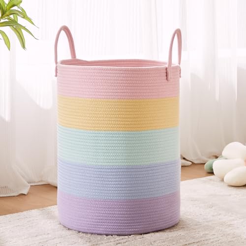 MOJOSCEND 15Dx20H inches Baby Girls Kids Hamper Rainbow Laundry Basket for Nursery Clothes Pastel Unicorn Woven Hamper in Playroom Bedroom 60L Large Tall Blanket Basket for Toy Storage - Image 1