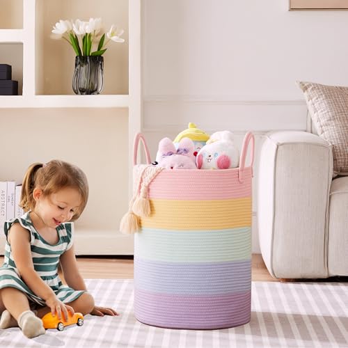 MOJOSCEND 15Dx20H inches Baby Girls Kids Hamper Rainbow Laundry Basket for Nursery Clothes Pastel Unicorn Woven Hamper in Playroom Bedroom 60L Large Tall Blanket Basket for Toy Storage - Image 2