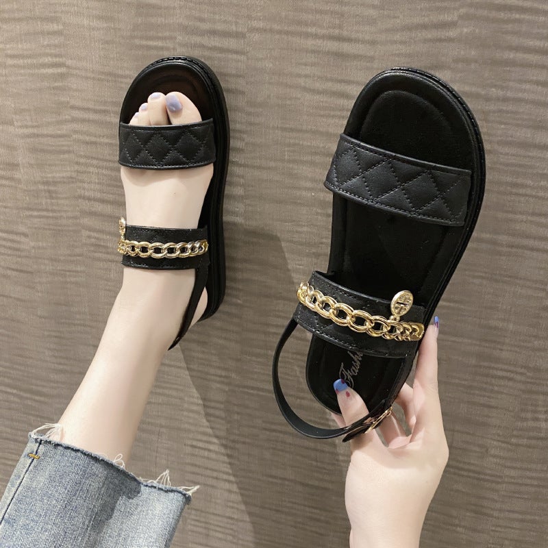 Sandals and slippers women's summer fashion fairy style all-match buckle gold chain outside wear non-slip cross-border foreign trade Wholesale 1588 chain Black  - Image 1