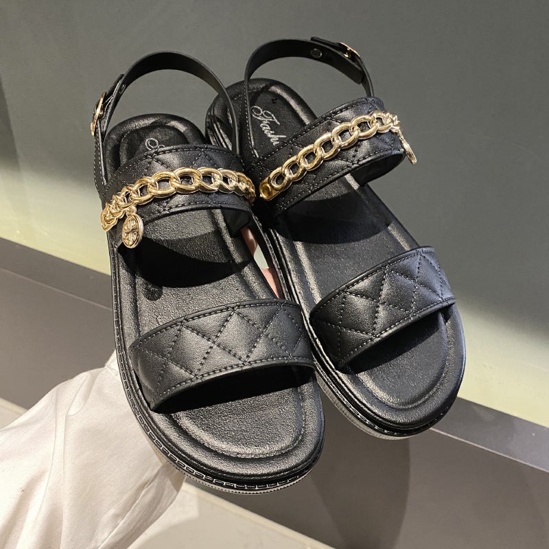 Sandals and slippers women's summer fashion fairy style all-match buckle gold chain outside wear non-slip cross-border foreign trade Wholesale 1588 chain Black  - Image 5