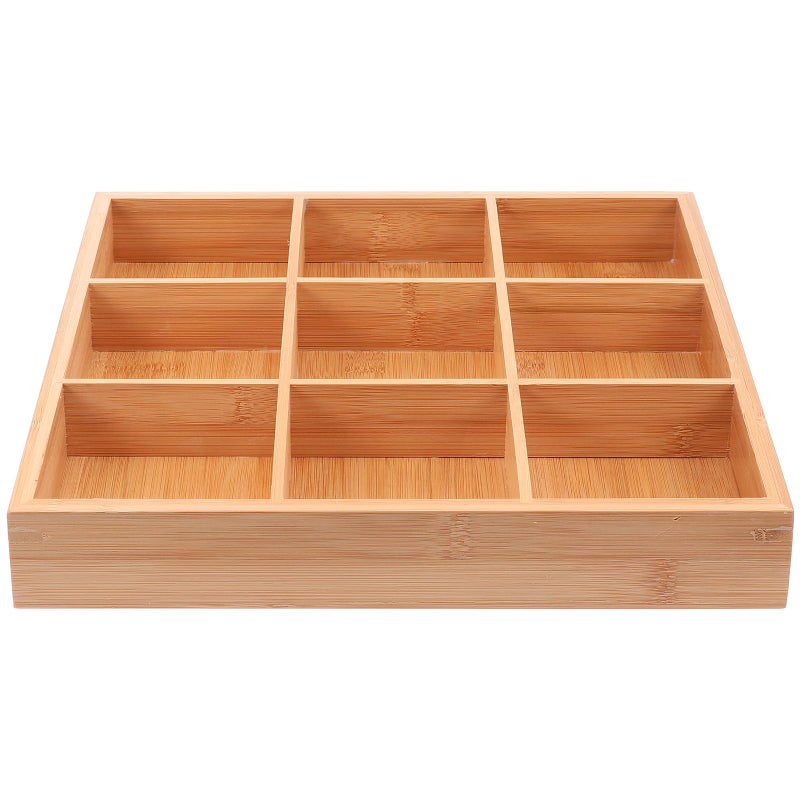 Cabilock 9Compartments Wooden Divided Tray Square Bamboo Serving Party Platter for Dry Fruits Snacks Candy and Dips SpaceSaving Shallow Drawer Organizer