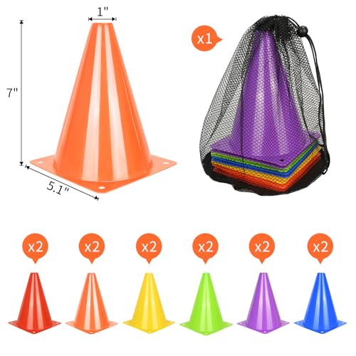PXZBLG 12pcs 7 Inch Soccer Cones, Plastic Traffic Training Cones for Basketball Football Skating Drills Practice, 6 Colors - Image 2