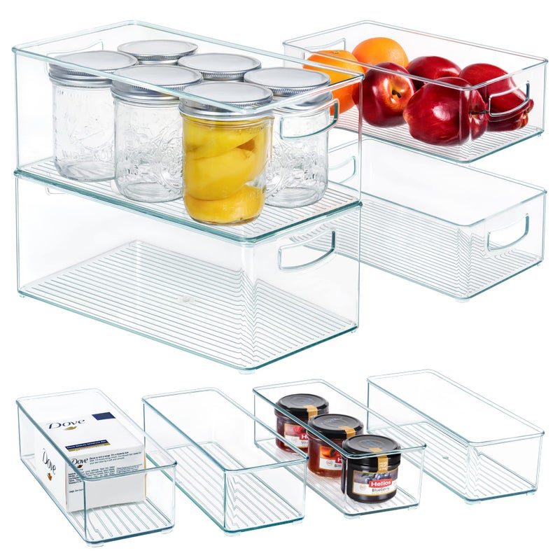 Hudgan 8 Pack Stackable Pantry Organizer Bins (3 Sizes) - Clear Fridge Organizers For Kitchen  Freezer  Countertops  Cabinets - Plastic Food Storage Container With Handles For Home And Office - Image 1