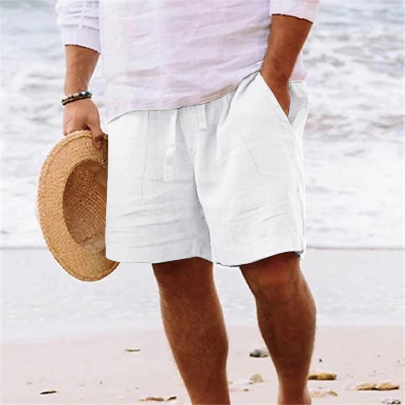 Men'S Shorts Cotton And Linen Summer Drawstring Elastic Waist Straight Legs Solid Color Comfortable Breathable Short Daily Beach (Large - Image 1