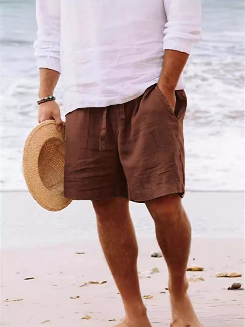 Men'S Shorts Cotton And Linen Summer Drawstring Elastic Waist Straight Legs Solid Color Comfortable Breathable Short Daily Beach (Large - Image 3