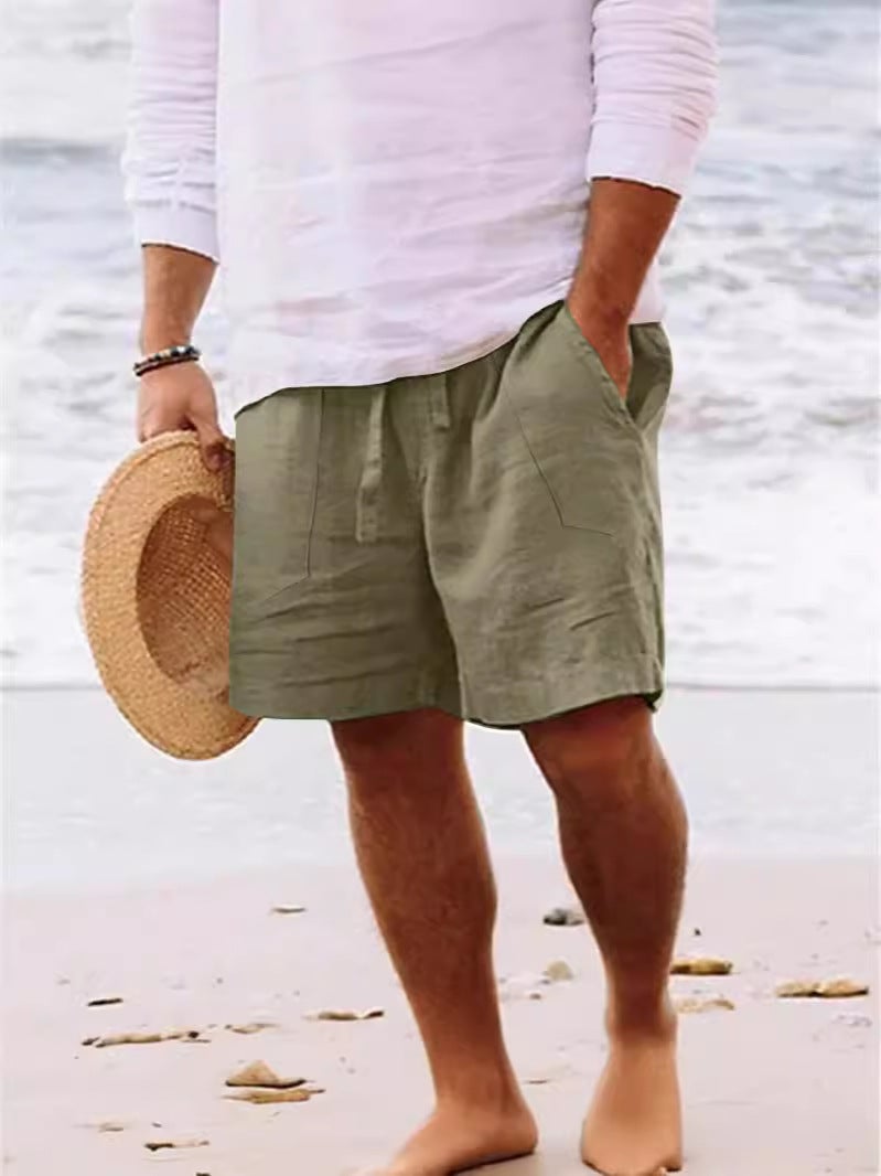 Men'S Shorts Cotton And Linen Summer Drawstring Elastic Waist Straight Legs Solid Color Comfortable Breathable Short Daily Beach (Large - Image 5