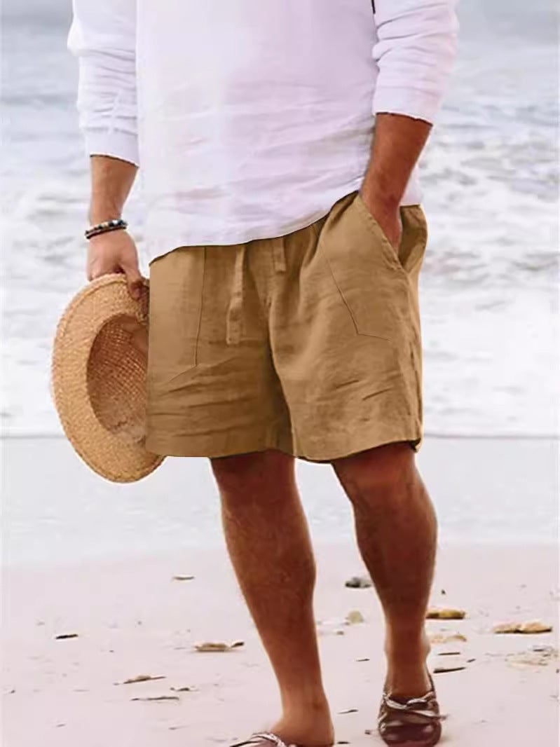 Men'S Shorts Cotton And Linen Summer Drawstring Elastic Waist Straight Legs Solid Color Comfortable Breathable Short Daily Beach (Large - Image 2