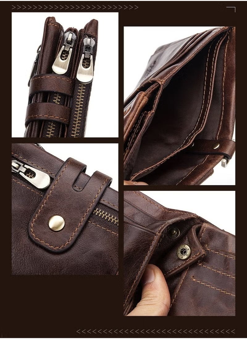 HDWISS - Chain Wallet for Men Genuine Leather Wallet Zipper Bifold Wallet Wallets for Men, with 14 Card Holder and Coin Pocket Portable Large Capacity Lightweight Wallet Business Waterproof Leather Zipper Card - Image 1