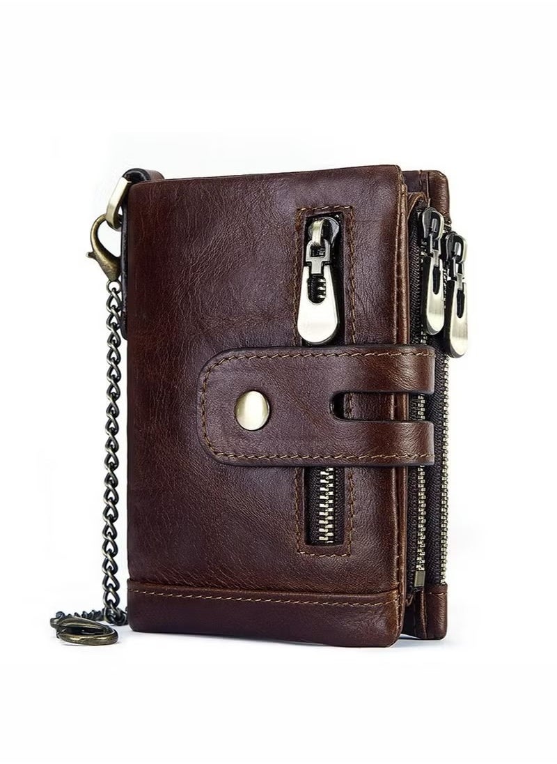 HDWISS - Chain Wallet for Men Genuine Leather Wallet Zipper Bifold Wallet Wallets for Men, with 14 Card Holder and Coin Pocket Portable Large Capacity Lightweight Wallet Business Waterproof Leather Zipper Card - Image 1
