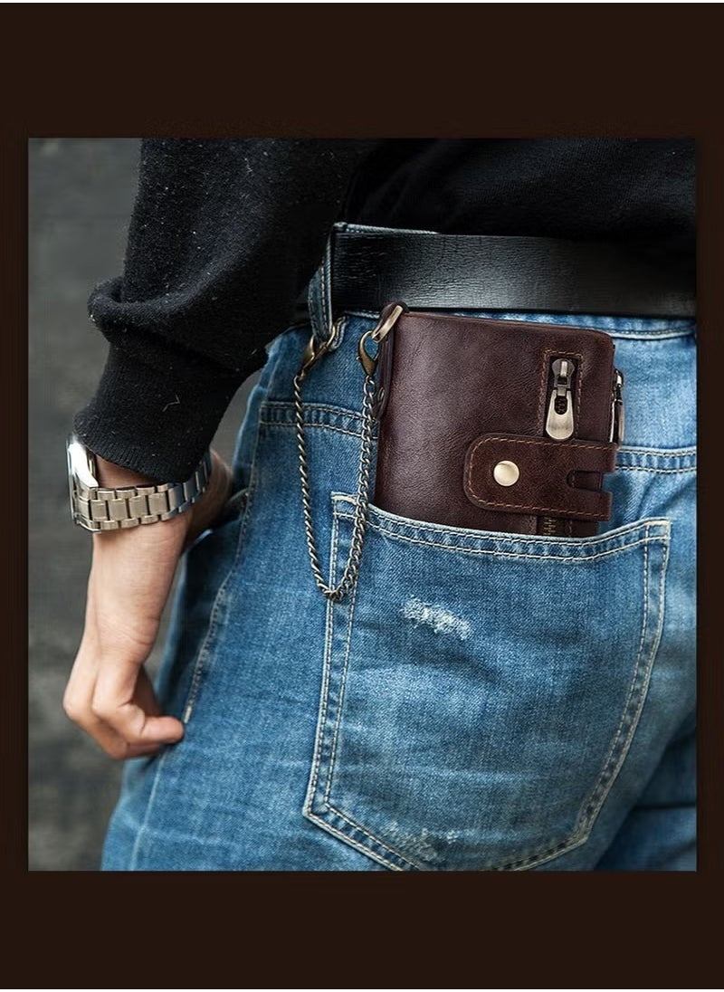 HDWISS - Chain Wallet for Men Genuine Leather Wallet Zipper Bifold Wallet Wallets for Men, with 14 Card Holder and Coin Pocket Portable Large Capacity Lightweight Wallet Business Waterproof Leather Zipper Card - Image 1