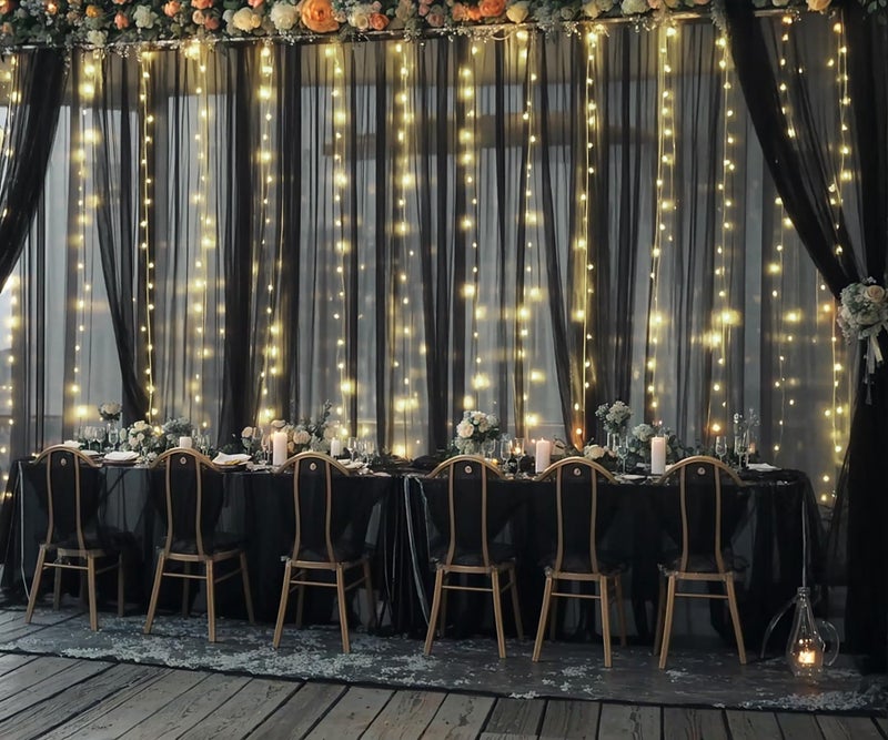Suppromo 10ft x 10ft Black Tulle Photo Backdrop Curtain with Lights String for Parties Sheer Black Curtain Backdrop for Birthday Party Baby Shower Wedding Photo Booth Photography Background Decorations - Image 4