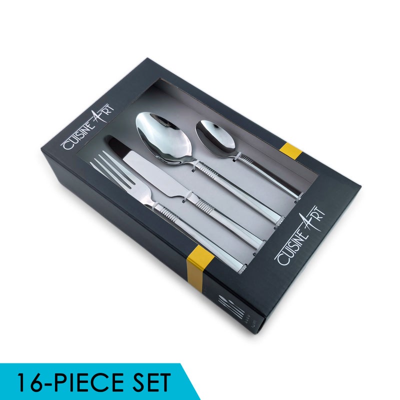 Cuisine Art Jane 16 Piece Stainless Steel Cutlery Set, Silver | Dinner Fork, Knife, Spoon & Tea Spoon Service for 4 Mirror Finish Tableware Set for Home Restaurant & Gift Use Modern Ergonomic Design - Image 4