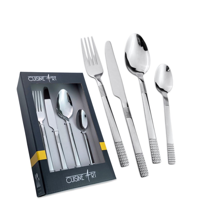 Cuisine Art Jane 16 Piece Stainless Steel Cutlery Set, Silver | Dinner Fork, Knife, Spoon & Tea Spoon Service for 4 Mirror Finish Tableware Set for Home Restaurant & Gift Use Modern Ergonomic Design - Image 1
