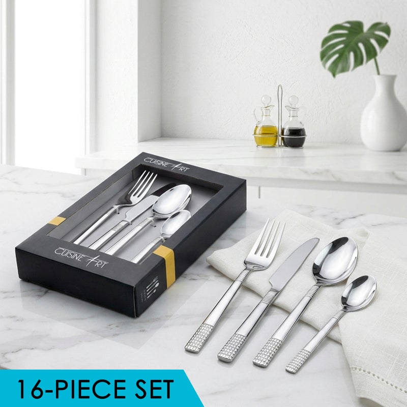 Cuisine Art Jane 16 Piece Stainless Steel Cutlery Set, Silver | Dinner Fork, Knife, Spoon & Tea Spoon Service for 4 Mirror Finish Tableware Set for Home Restaurant & Gift Use Modern Ergonomic Design - Image 3