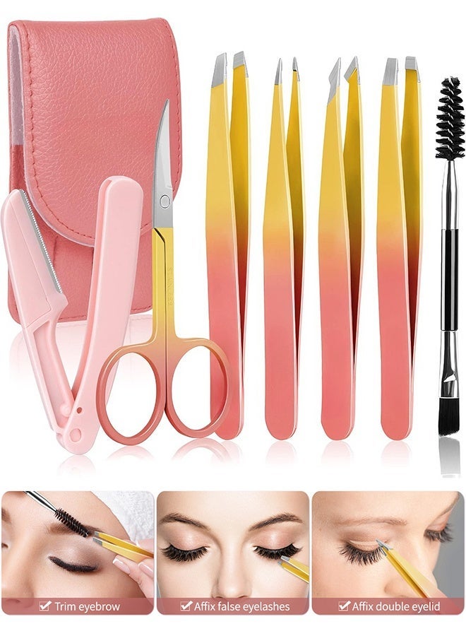 7PCS Professional Tweezers Set for Women, Precision Eyebrow Tweezers with Curved Scissors for Ingrown Hair Daily Beauty with Leather Case - Image 1