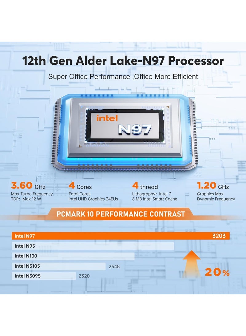 نيبوجي كمبيوتر صغير مزود بمعالج Intel Alder Lake N97 (بسرعة تصل إلى 3.6 جيجاهرتز) وذاكرة وصول عشوائي (RAM) سعة 16 جيجابايت وذاكرة قراءة فقط (ROM) سعة 1 تيرابايت، كمبيوتر مكتبي صغير، كمبيوترات صغيرة بدقة 4K UHD تدعم WiFi 5/BT4.2  /1*HDMI 2.0/1*DP 1.4 منفذ في المكتب المنزلي للعمل والعائلة-NAS، Windows 11 Pro None - Image 2