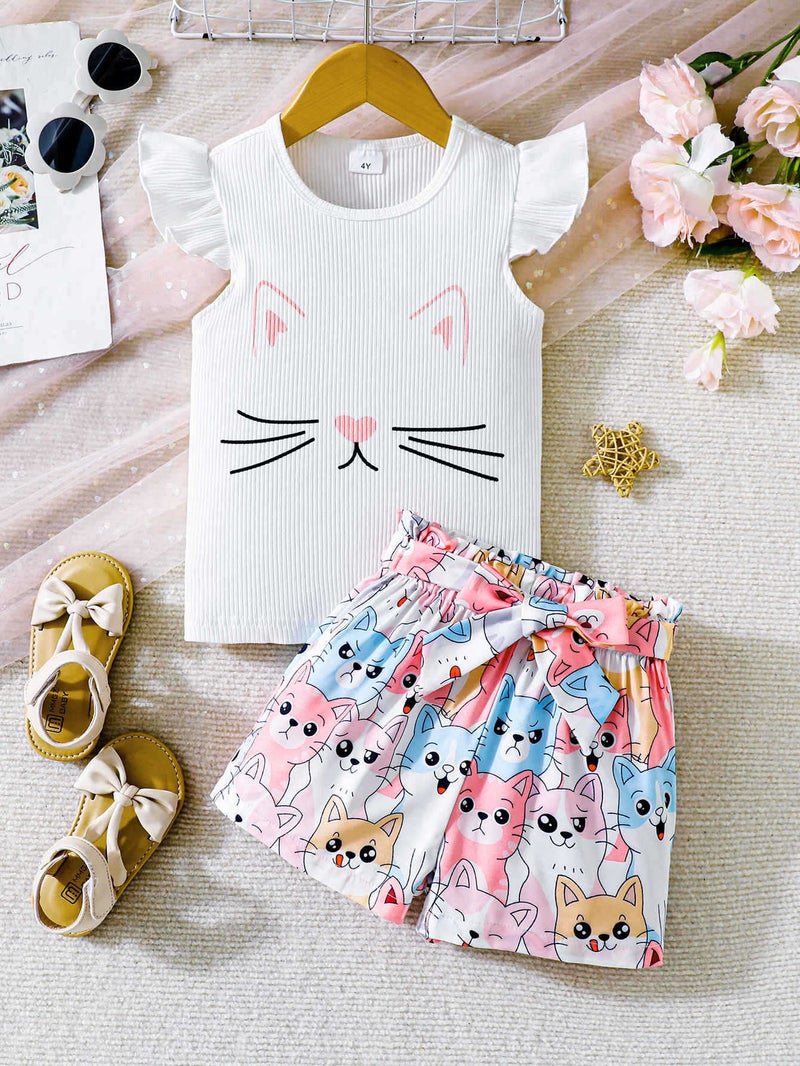 New Childrens Wear Girls Summer Childrens Cat Printed Flying Sleeve T-Shirt Casual Pants Childrens suit White: 7-8Y  - Image 3