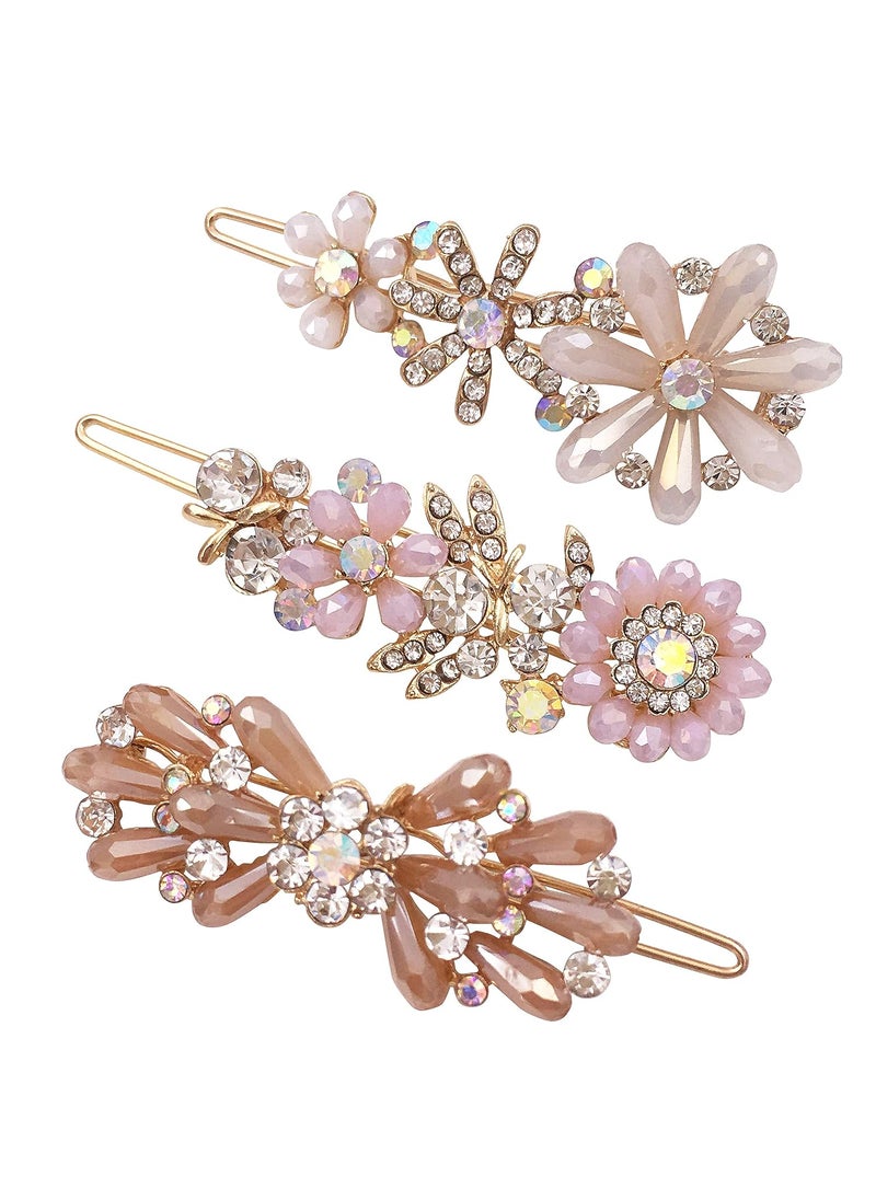 Lizzie Kay 3PCS Rhinestone Bling Flower Small Mini Barrette Decorative Hair Clips Accessories for Thin Hair Women 