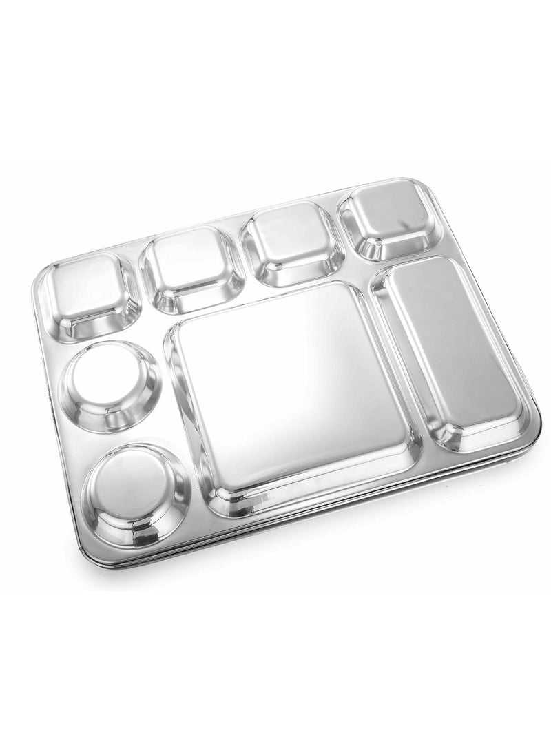 Expresso Expresso 8 in 1 Rectangle Eight Compartment Divided Plate/Thali/Bhojan Thali/Mess Tray/Dinner Plate Set of 2, Silver, Standard  - Image 3