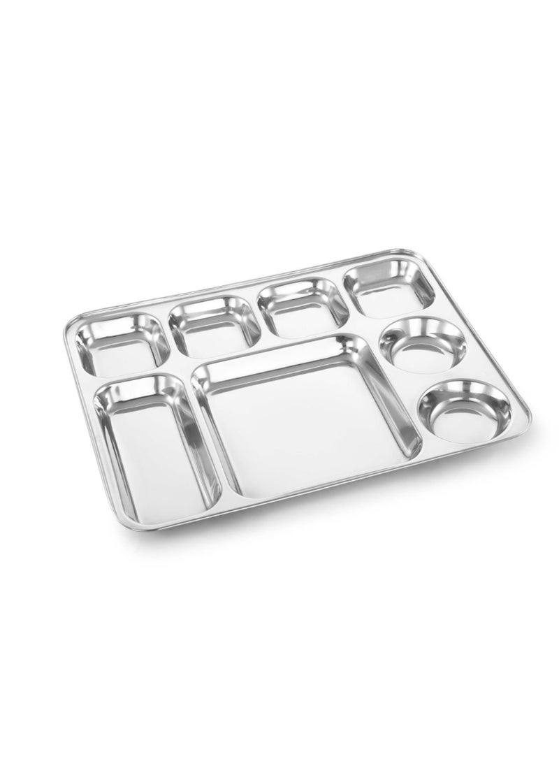 Expresso Expresso 8 in 1 Rectangle Eight Compartment Divided Plate/Thali/Bhojan Thali/Mess Tray/Dinner Plate Set of 2, Silver, Standard  - Image 1