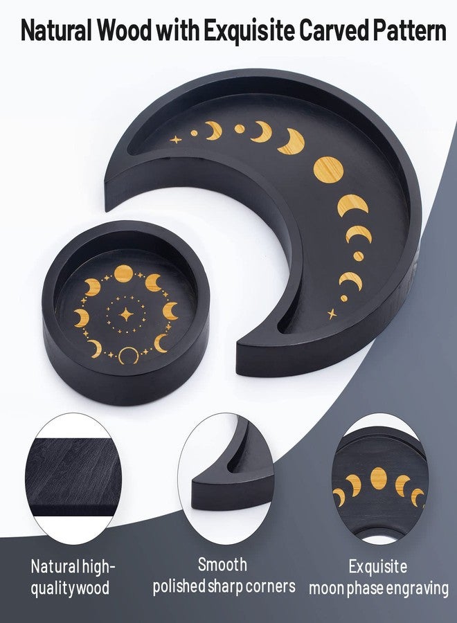 Mooncraftlogy Crescent Moon Tray Crystal Holder Set, Black Wooden Display for Stones Storage, Wicca Lunar Phases Organizer for Essential Oil Rocks, Altar Table Home - Image 3