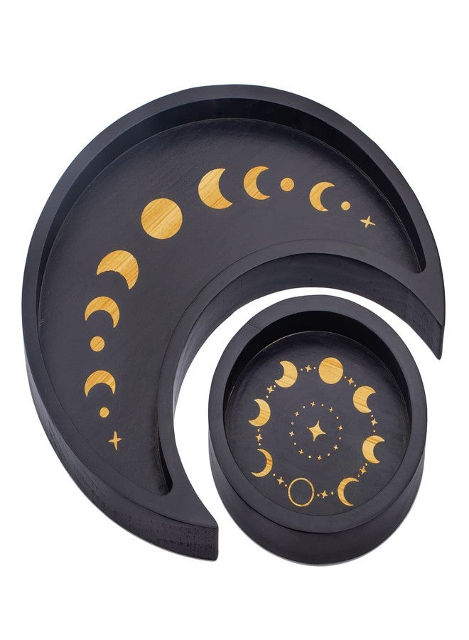 Mooncraftlogy Crescent Moon Tray Crystal Holder Set, Black Wooden Display for Stones Storage, Wicca Lunar Phases Organizer for Essential Oil Rocks, Altar Table Home - Image 1