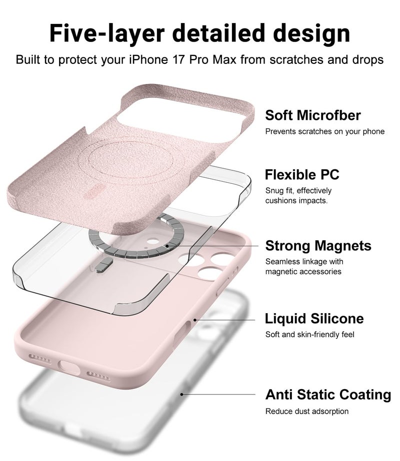 OTOFLY Magnetic for iPhone 17 Pro Max Case,Compatible with Magsafe,Classic Liquid Silicone Mobile Phone Case,Integrated Camera Control Button,Anti-Scratch Microfiber Lining, Chalk Pink - Image 4