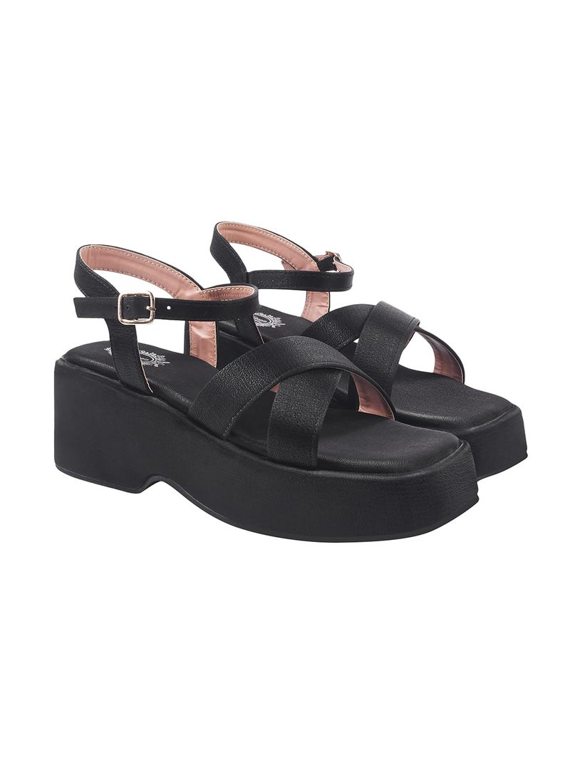Shoetopia Women’s Black Block Heel Sandals with Ankle Strap | Stylish Comfortable Platform Heels for Casual, Party & Daily Footwear EU39 - Image 1