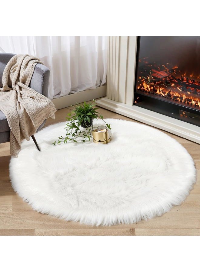 CIICOOL Soft Faux Sheepskin Fur Area Rugs Round Fluffy Rugs for Bedroom Silky Fuzzy Carpet, Furry Rug for Living Room Girls Rooms, White 3 x 3 Feet - Image 5