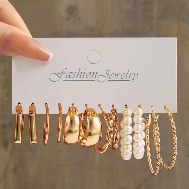 MEENAZ Earrings Set for Women 6 Pairs | Gold Stud & Hoop Earrings | Western Hoop Earrings Combo | Birthday & for Women & Girls - Image 2
