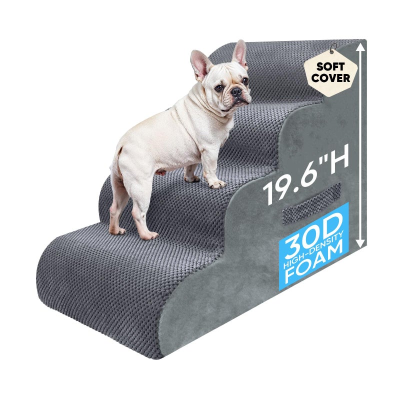PAWSCRAT PAWSCART Pet Stairs for Dogs 4-Step, 19.6" H Pet Stairs for High Bed, Couch Sofa & Chair, 30D Material Soft Foam Dog Steps with Non-Slip Bottom Surface Removable Washable Cover, Grey - Image 1