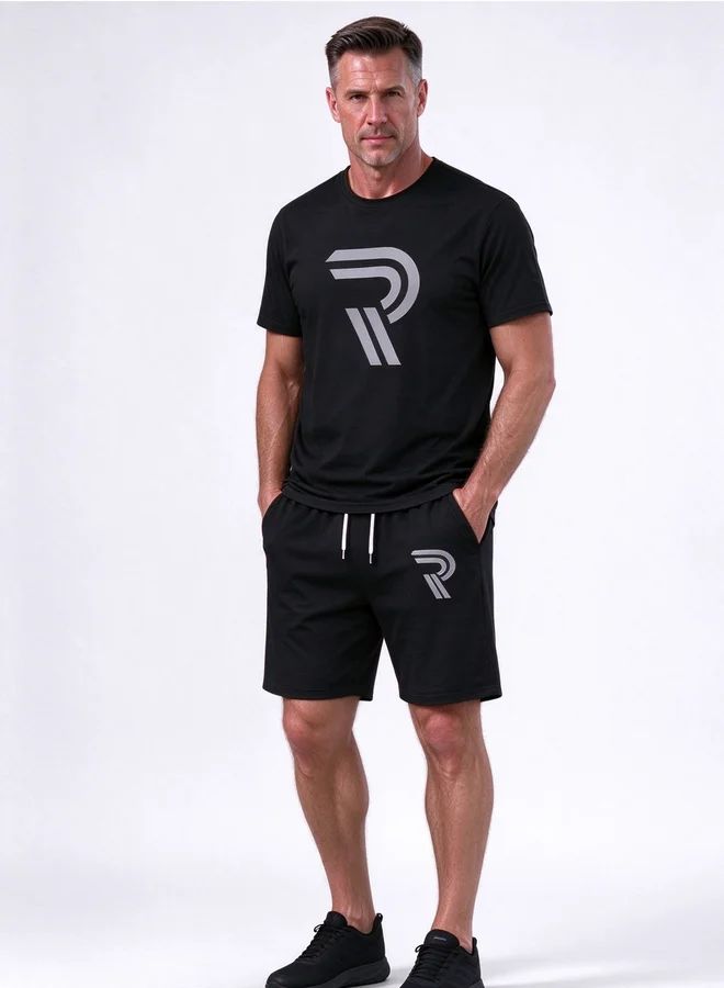 Take Two Active Men Black Printed Short Sleeve T-Shirt and Shorts Set