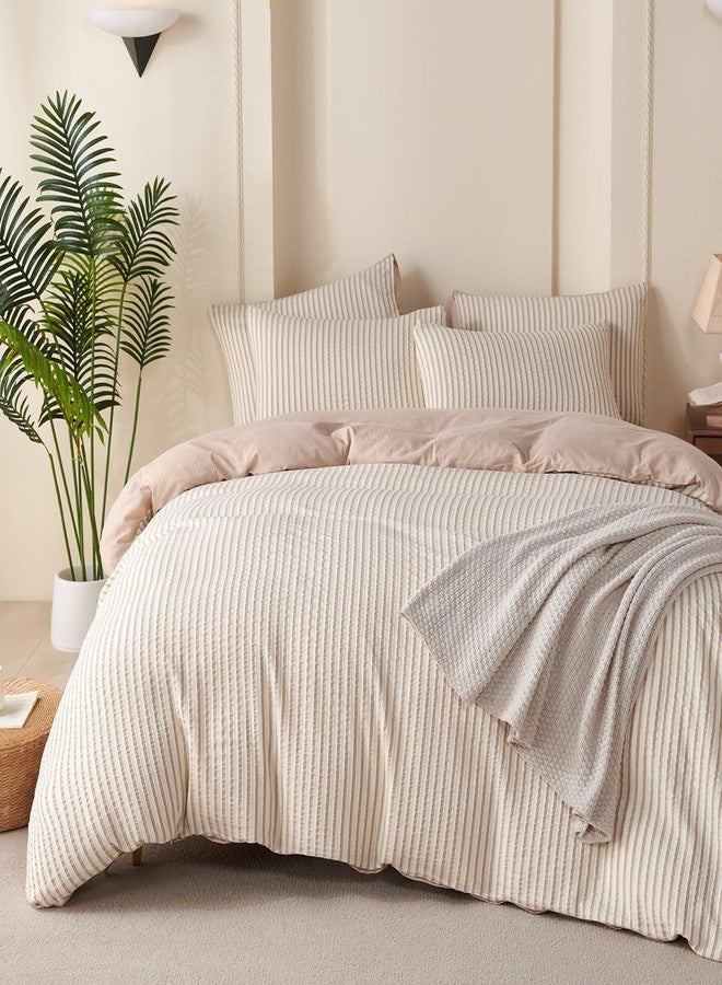 BUPIRD Duvet Cover Queen Set Striped Beige, 100% Washed Microfiber Jacquard 3 Pieces Beige Queen Striped Bedding Sets, with Zipper Closure & Corner Ties, Lightweight Soft Comfort Breathable (No Comforter) - Image 1