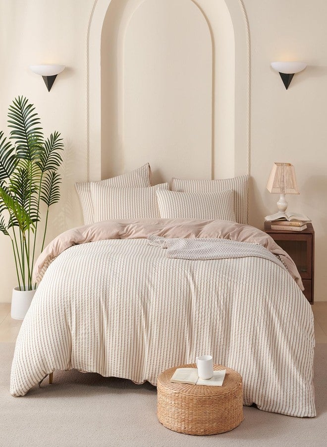BUPIRD Duvet Cover Queen Set Striped Beige, 100% Washed Microfiber Jacquard 3 Pieces Beige Queen Striped Bedding Sets, with Zipper Closure & Corner Ties, Lightweight Soft Comfort Breathable (No Comforter) - Image 2