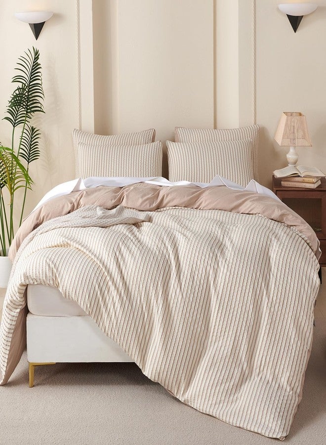BUPIRD Duvet Cover Queen Set Striped Beige, 100% Washed Microfiber Jacquard 3 Pieces Beige Queen Striped Bedding Sets, with Zipper Closure & Corner Ties, Lightweight Soft Comfort Breathable (No Comforter) - Image 3
