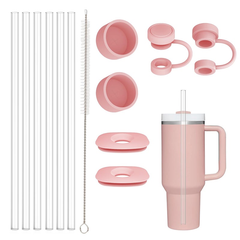 غطاء بديل لقشة مانع تسرب ملحقات لكوب ستانلي 40 أونصة 30 أونصة ملحقات 6 قشات شفافة مع فرشاة تنظيف 2 غطاء سيليكون 4 سدادات مانعة للتسرب لستانلي