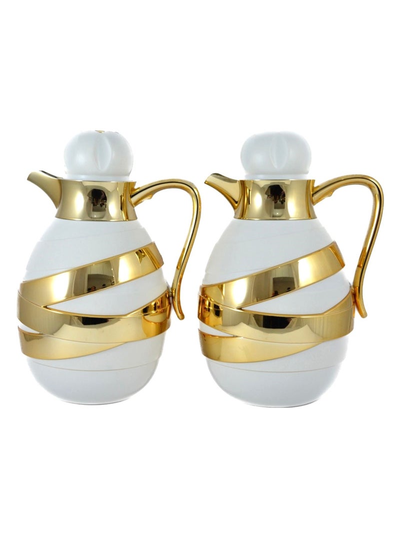 Homemaker 2-Piece Tea & Coffee Flask - 1 Liter & 1 Liter Capacity - Glass Inner - ABS Body - White & Gold - Image 1