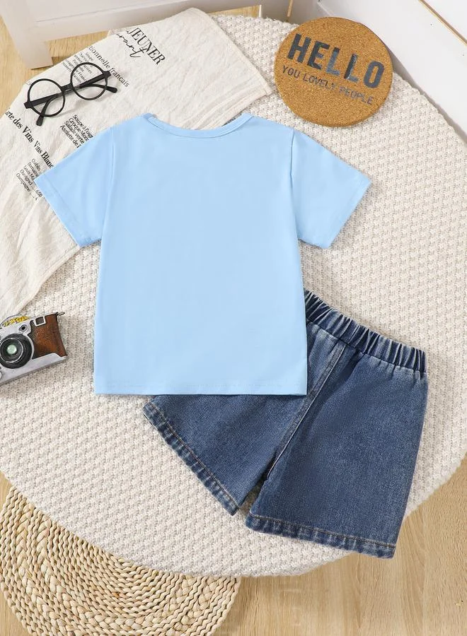 تايك تو Boys Blue Graphic print T-Shirt and Distressed Denim Shorts Set