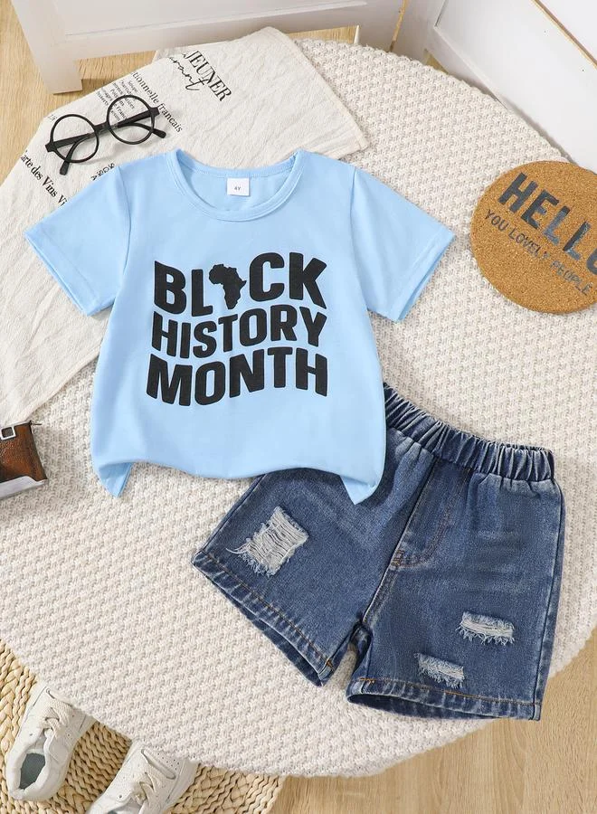 تايك تو Boys Blue Graphic print T-Shirt and Distressed Denim Shorts Set